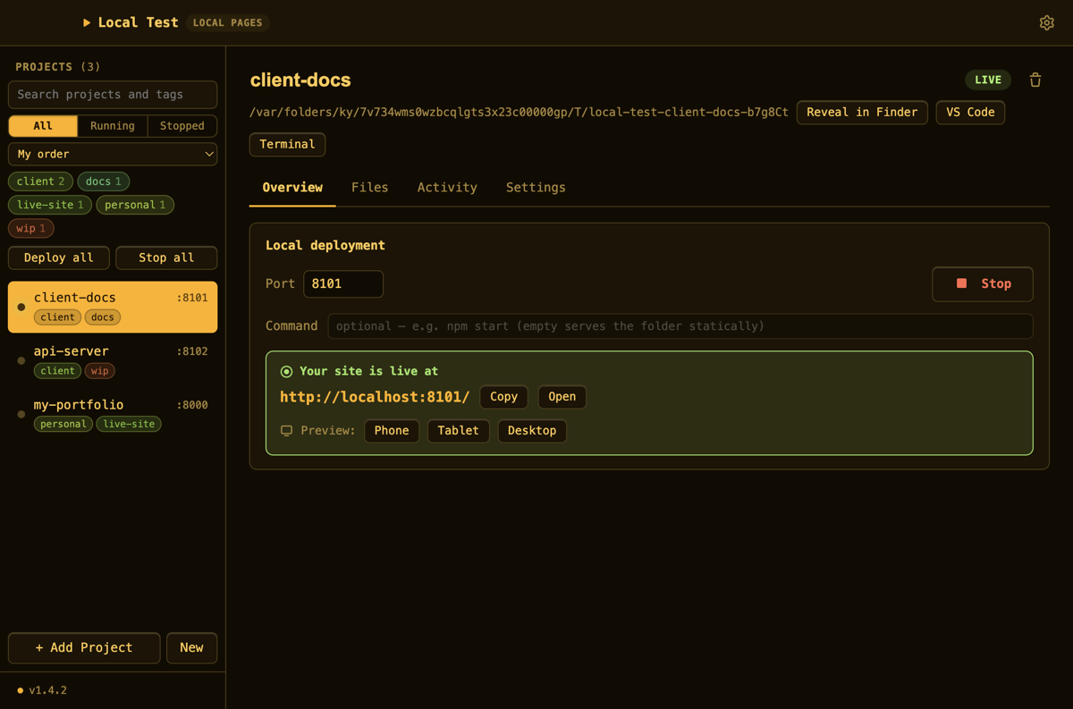 Local Test in the Amber Terminal theme.