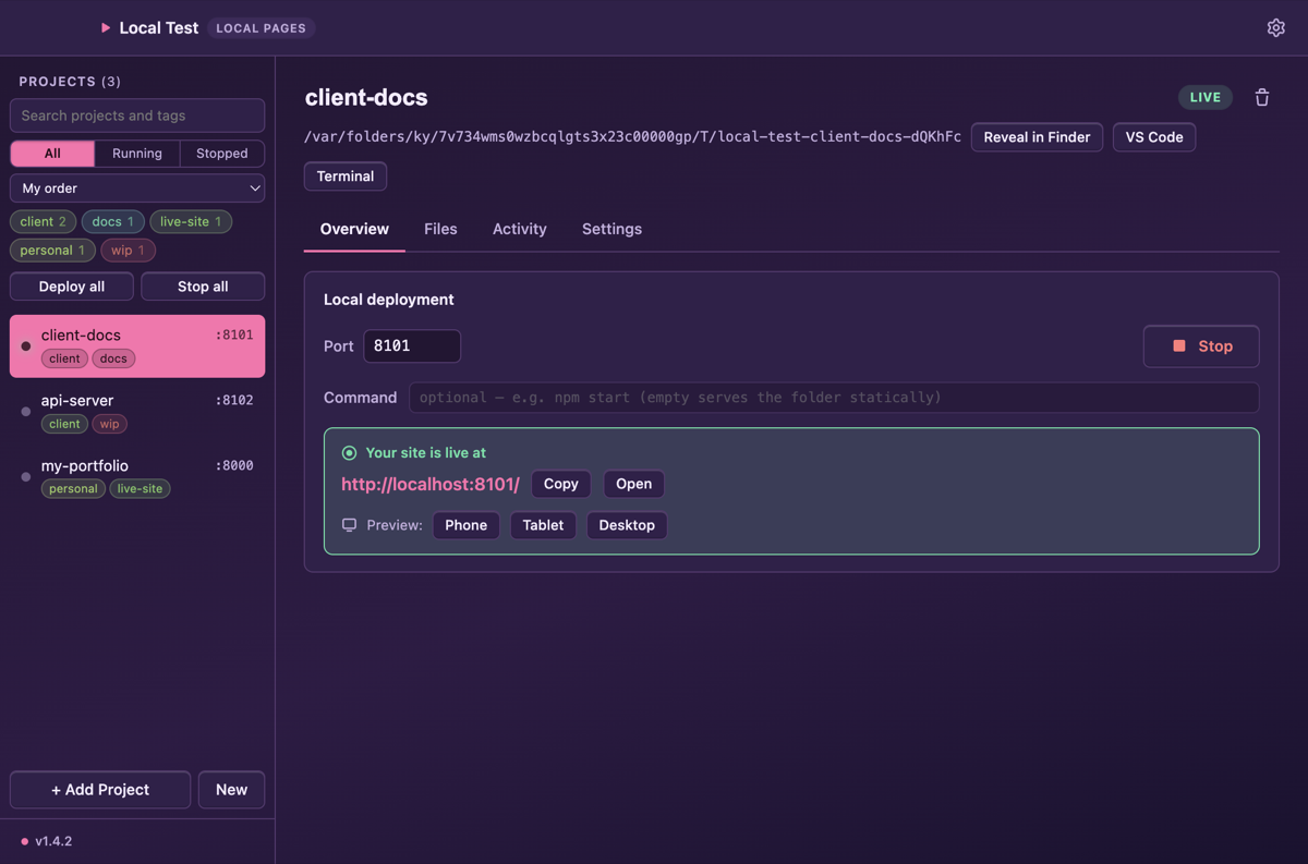 Local Test in the Berry Pocket theme.