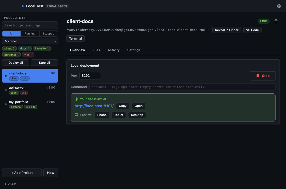 Local Test in the Default theme.