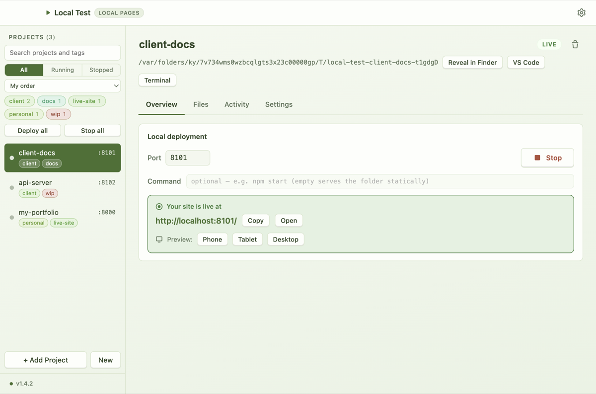 Local Test in the Matcha Cream theme.