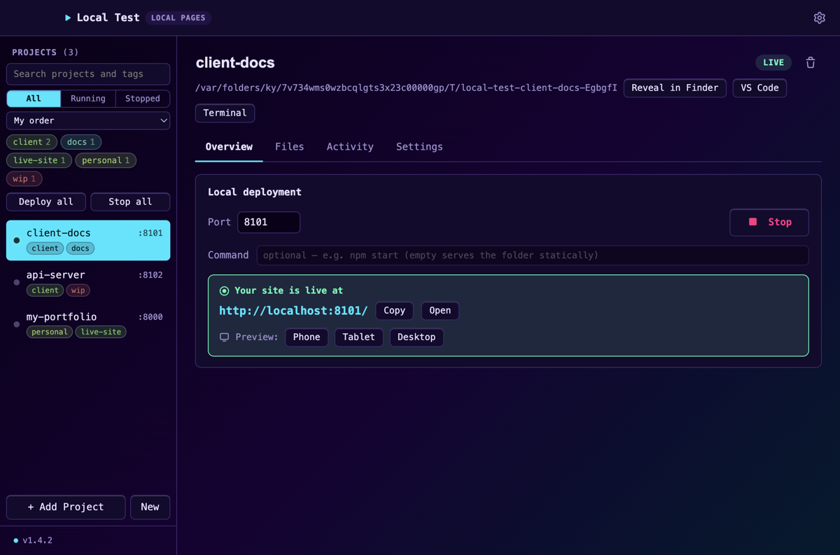 Local Test in the Neon Drift theme.