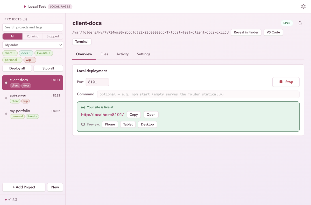 Local Test in the Rose Quartz theme.